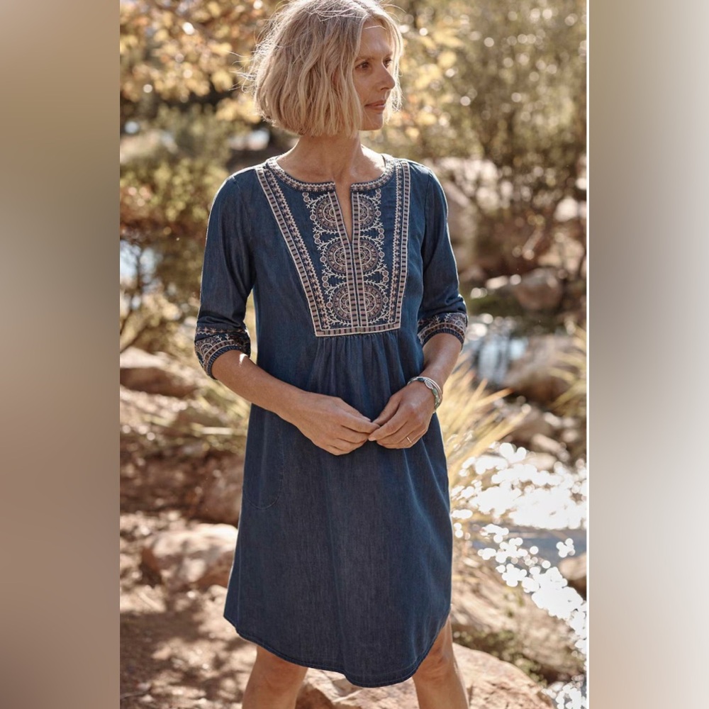 J JILL Embroidered‎ Indigo Dress in Blue Night Wash Multi Bohemian XS